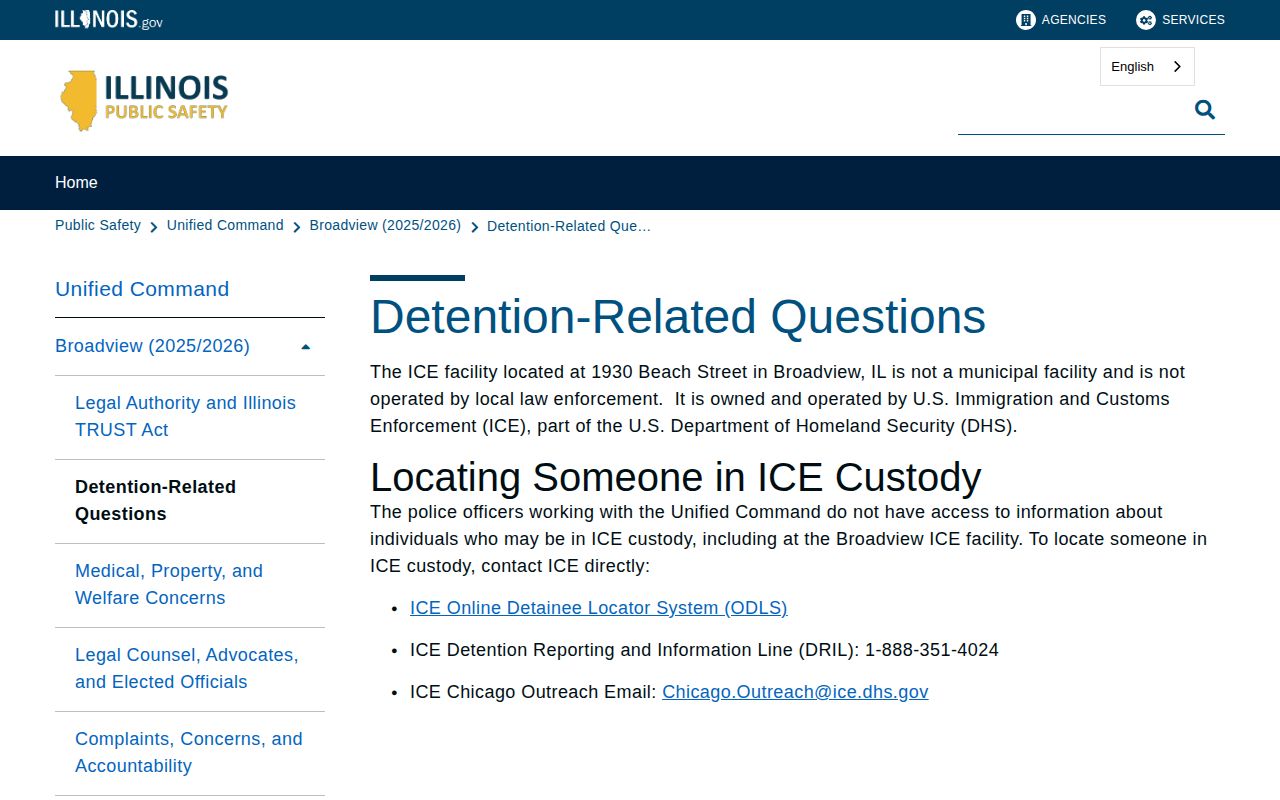 Official Illinois Broadview ICE detention and locator guidance