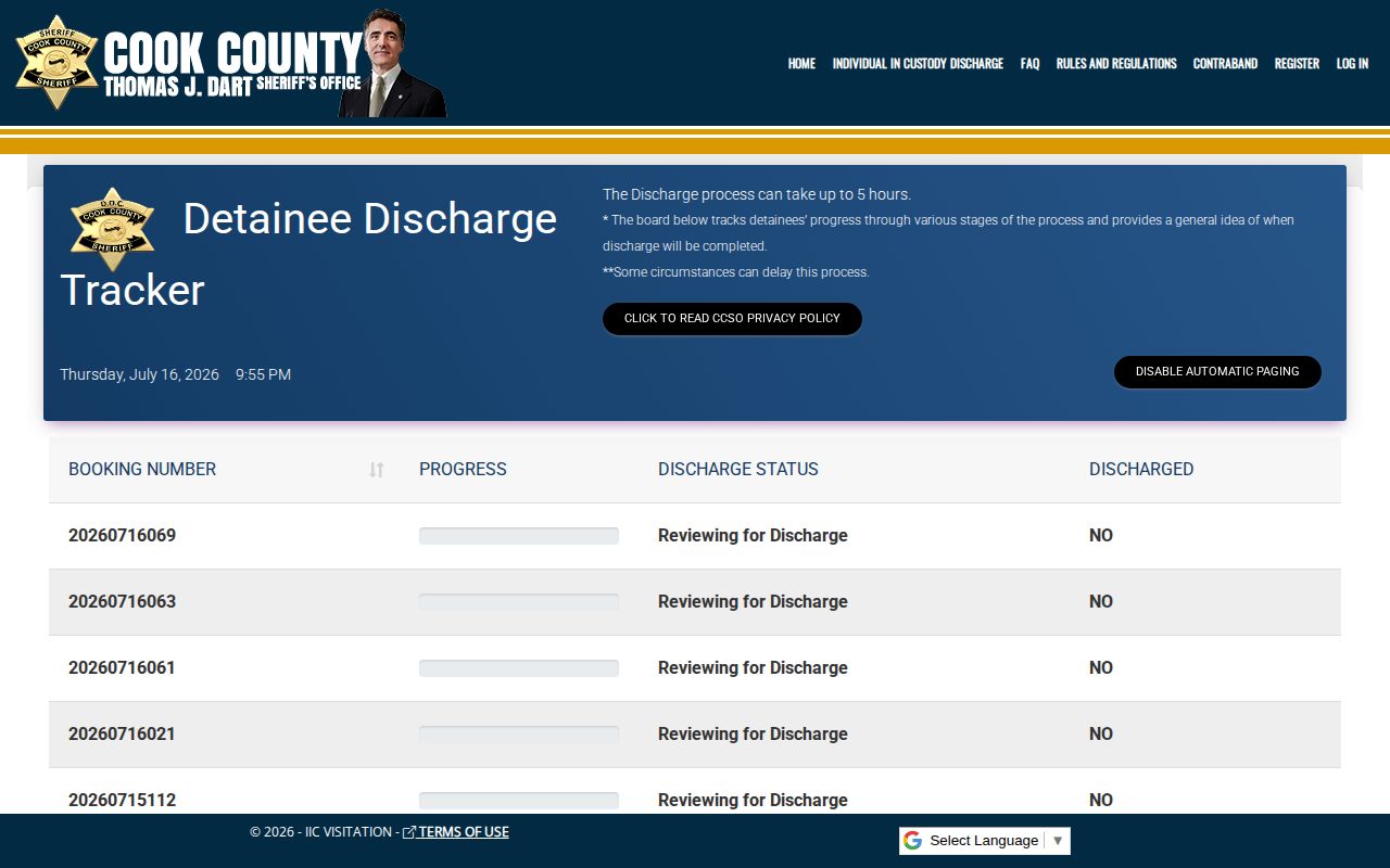 Cook County Sheriff detainee discharge tracker
