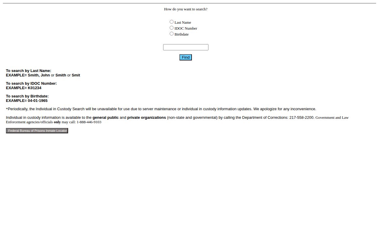 IDOC search options for last name IDOC number and birth date