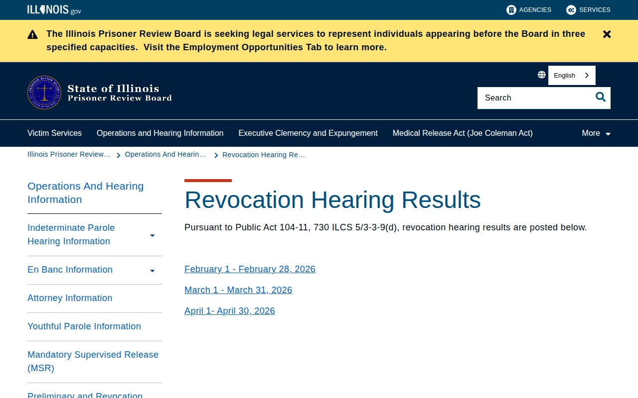 Illinois Prisoner Review Board revocation hearing results page