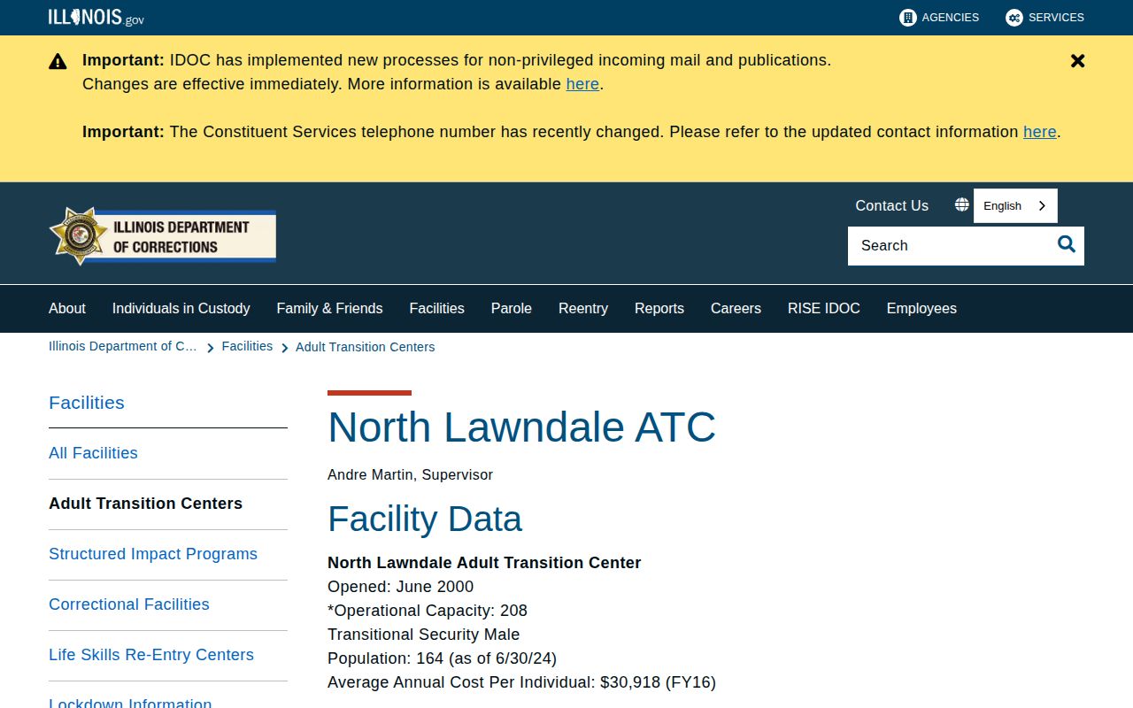 Official IDOC North Lawndale Adult Transition Center facility information